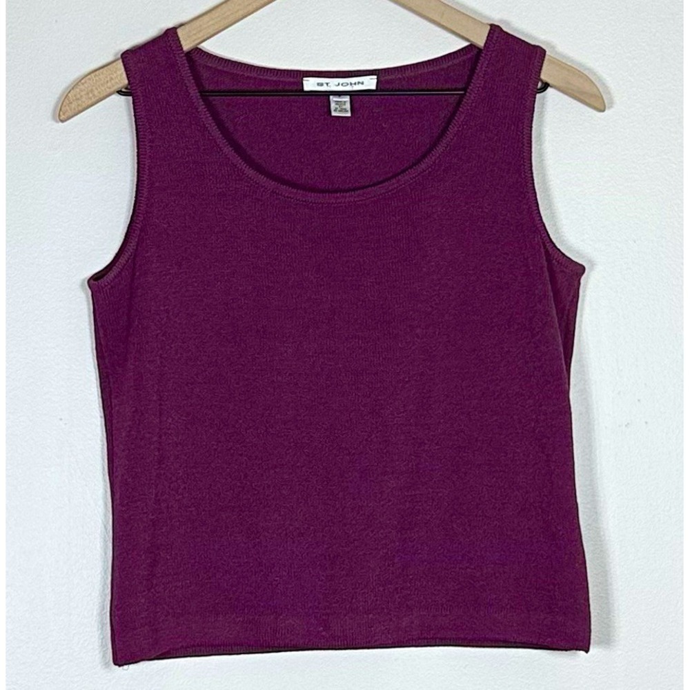 Vintage St John Womens Petite P Burgundy Knit Tank Top Wool Rayon Scoop Neck